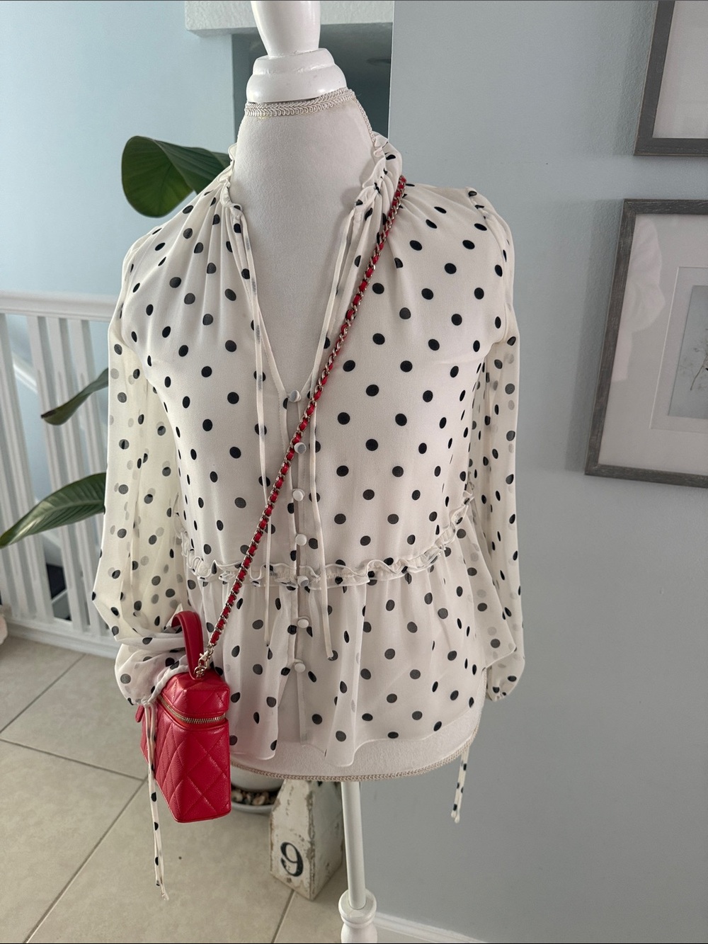 Aritzia White Polka Dot Tie-Neck Peplum Blouse
